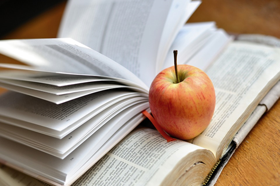 Maça sobre livros representando o hábito da leitura